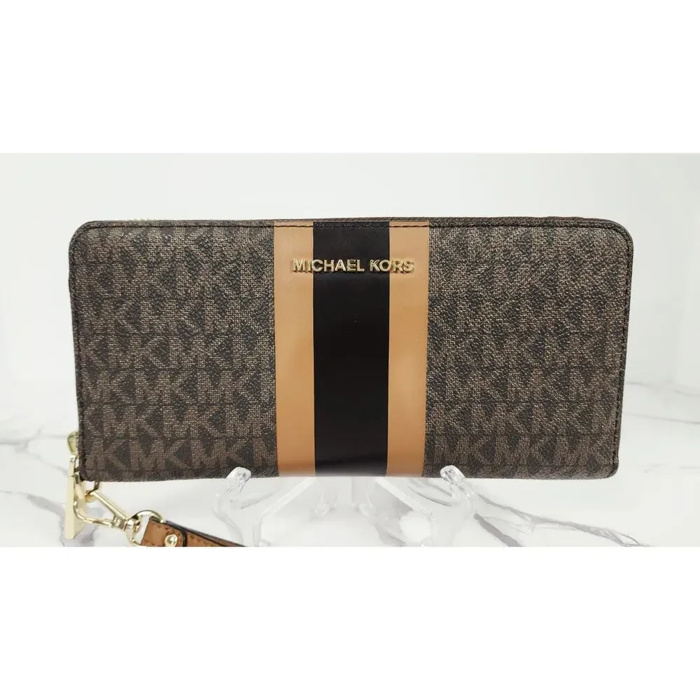 Michael Kors Jet Set Travel Continental Wristlet Wallet Brown Acorn Stripe